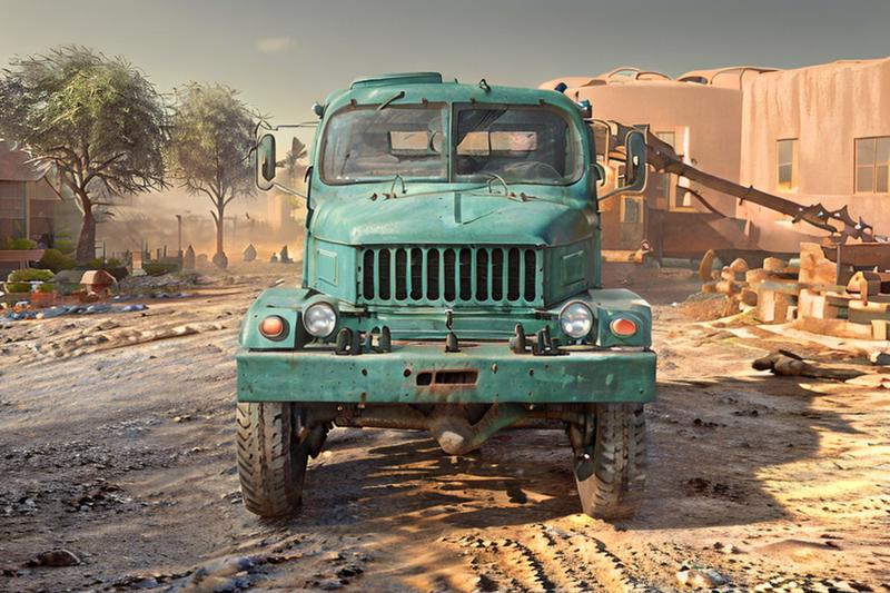 50974-4082567987-(construction service truck v3s_1.1)   ,  left view, volumetric lights, mist, cinematic, desert city, sunrise, sun low.png